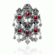 Bunad silver Bøherad ring no. 7 oxidized with red stones