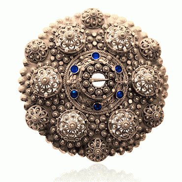 Bunad silver Bol Brooch no. 15 old gilded with blue stones