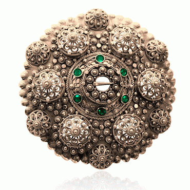 Bunad silver Bol Brooch no. 15 old gilded with green stones