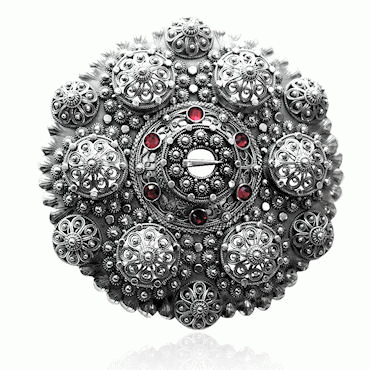 Bunad silver Bol Brooch no. 15 oxidized with red stones