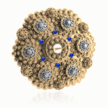 Bunad silver Bol Brooch no. 24 old gilded and oxidized with blue stones