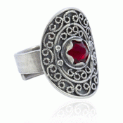 Bunad ring no. 30 oxidized with red stone