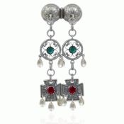 Bunad silver Neck pin no. 64 oxidized with green and red stones
