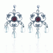 Bunad silver Earrings no. 17 with red stone oxidized