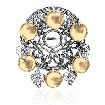 Bunad silver Dish Brooch no. 74 oxidized gilded with filigree pendants