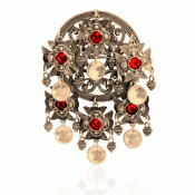 Bunad silver Dish Brooch no. 75 old gilded with red stones