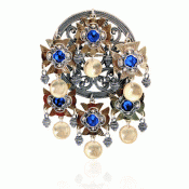 Bunad silver Dish Brooch no. 75 oxidized gilded with blue stones