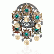Dish Brooch no. 75 oxidized gilded with green stones