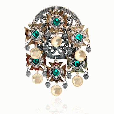 Bunad silver Dish Brooch no. 75 oxidized gilded with green stones