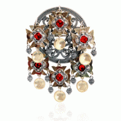 Bunad silver Dish Brooch no. 75 oxidized gilded with red stones