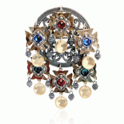 Bunad silver Dish Brooch no. 75 oxidized gilded with red, blue and green stones