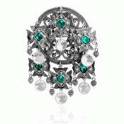 Bunad silver Dish Brooch no. 75 oxidized with green stones