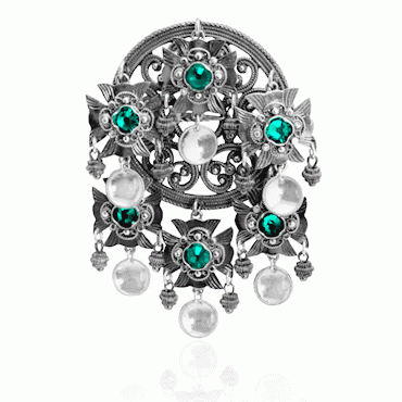 Bunad silver Dish Brooch no. 75 oxidized with green stones