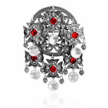 Bunad silver Dish Brooch no. 75 oxidized with red stones