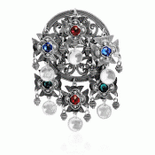 Bunad silver Dish Brooch no. 75 oxidized  with red, blue and green stones