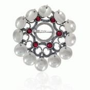 Bunad silver Dish brooch no. 82 oxidized with red stones and fair dishes